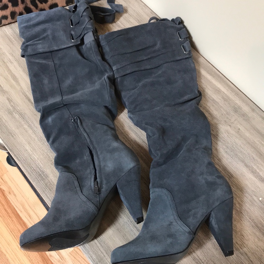 Grey suede knee high boots